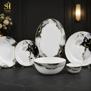 سرویس آرکوپال ۲۶ پارچه برند پارما بدنه گرد طرح مرمر لب طلا | ۶ نفره