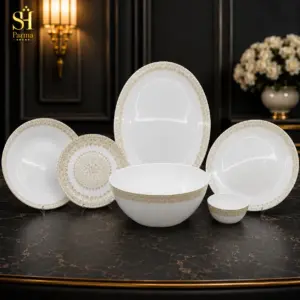 سرویس آرکوپال ۲۶ پارچه برند پارما بدنه گرد طرح آویژه عسلی لب سفید | ۶ نفره