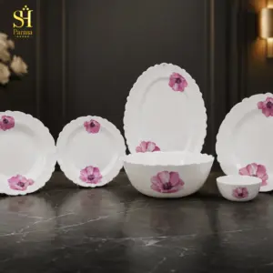 سرویس آرکوپال ۲۶ پارچه برند پارما بدنه کنگره طرح به گل لب سفید | ۶ نفره