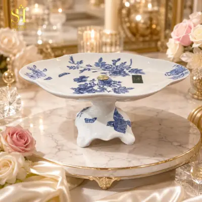 دیس شیرینی خوری پایه دار طرح پرنده آبی