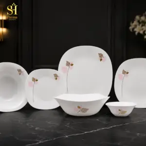 سرویس آرکوپال ۲۶ پارچه برند پارما بدنه مربع طرح مارس صورتی لب سفید | ۶ نفره