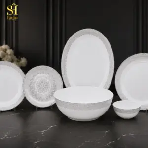 سرویس آرکوپال ۲۶ پارچه برند پارما بدنه گرد طرح پارمیس طوسی لب سفید | ۶ نفره