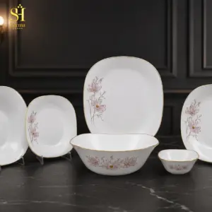 سرویس آرکوپال ۲۶ پارچه برند پارما بدنه مربع طرح ژالین صورتی لب طلا | ۶ نفره