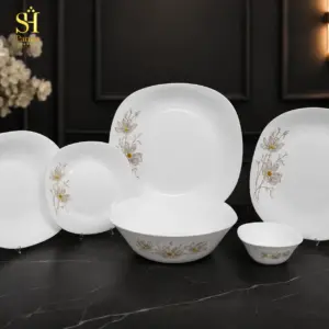 سرویس آرکوپال ۲۶ پارچه برند پارما بدنه مربع طرح ژالین عسلی لب سفید | ۶ نفره
