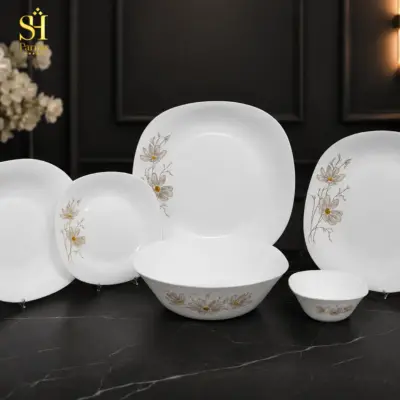 سرویس آرکوپال ۲۶ پارچه برند پارما بدنه مربع طرح ژالین عسلی لب سفید | ۶ نفره