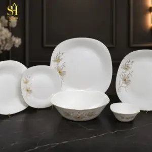 سرویس آرکوپال ۲۶ پارچه برند پارما بدنه مربع طرح ژالین عسلی لب طلا | ۶ نفره