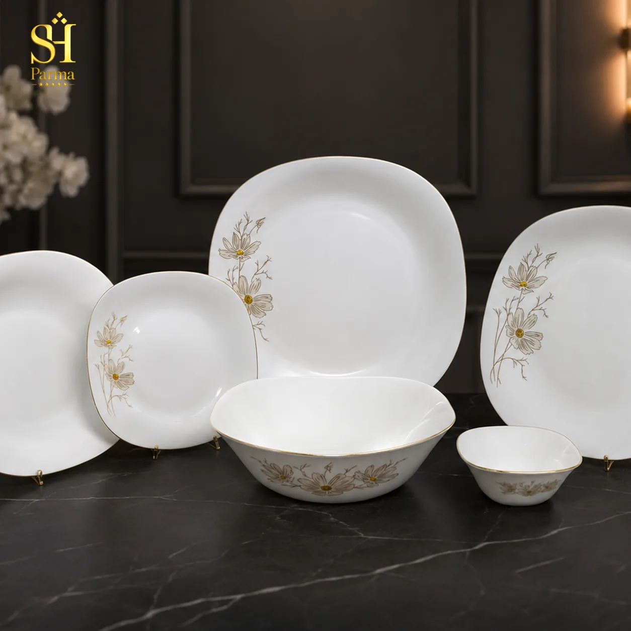 سرویس آرکوپال ۲۶ پارچه برند پارما بدنه مربع طرح ژالین عسلی لب طلا | ۶ نفره