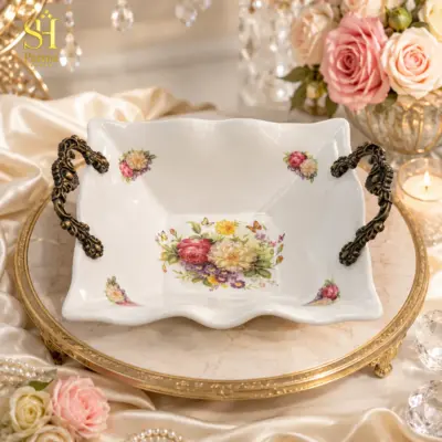 کاسه میوه خوری مروارید دسته دار مربع گل - 8825