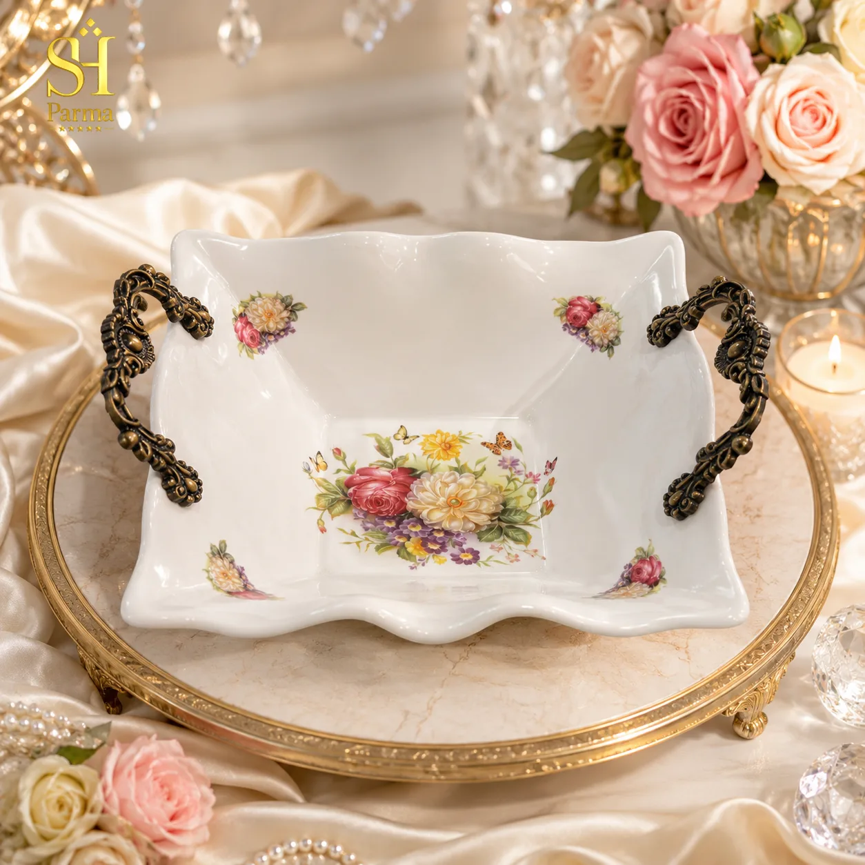 کاسه میوه خوری مروارید دسته دار مربع گل - 8825